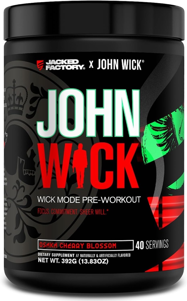 Jacked Factory X John Wick - Wick Mode Pre Workout Powder - Intense Energy, Battle-Ready Focus, Unstoppable Commitment, and Sheer Will - 40 Servings, Osaka Cherry Blossom