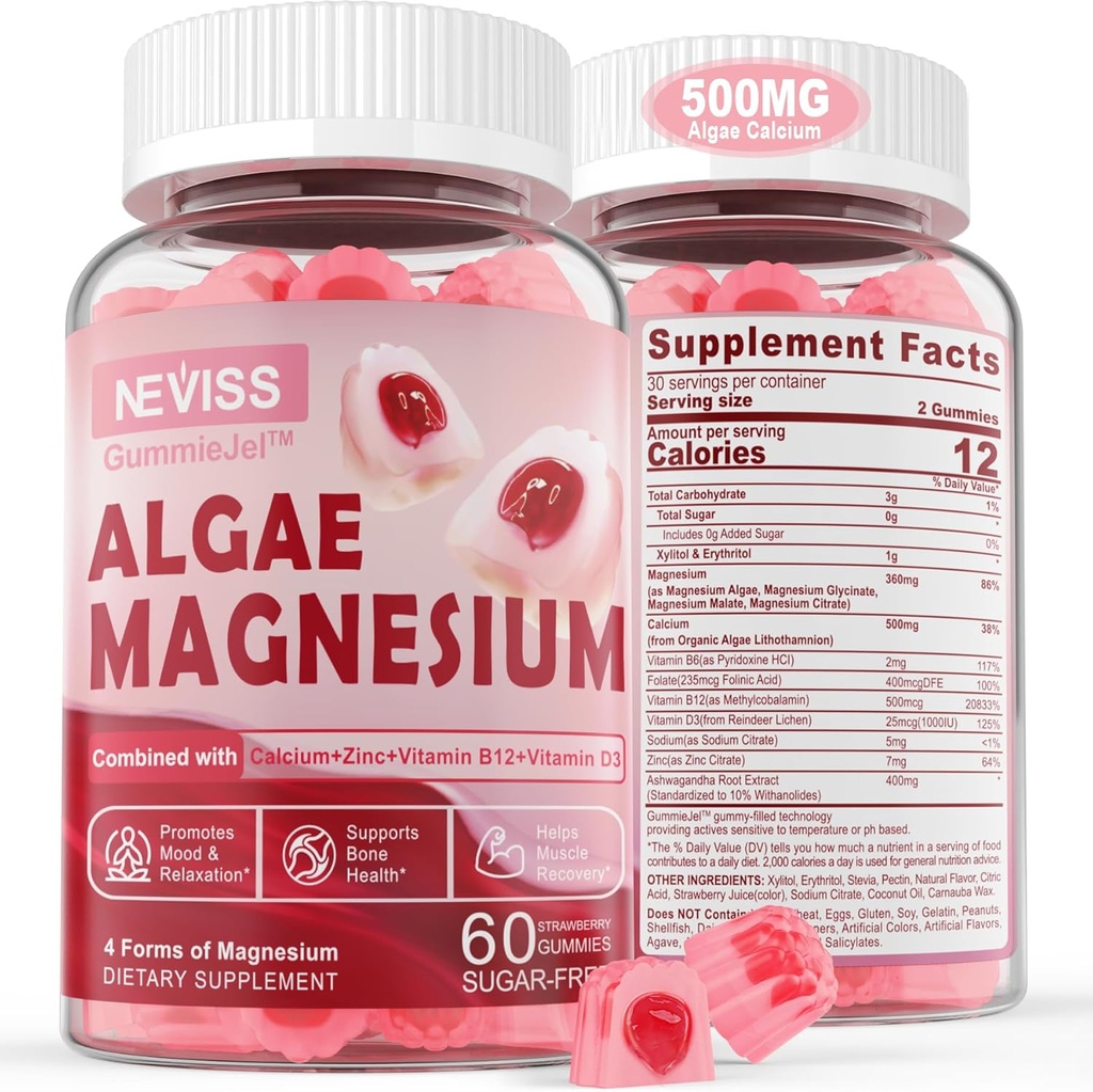 Sugar Freeuba çinko Magnezyum Gummies, Algaeuba Magnezyum Supplement Plus D3 | 4 Magnezyum Forms - Glycinate, Citrate, Malate, Algae - Support Bone Health, Muscle Function & Nerve, 60 Ctt