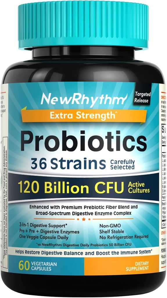 YeniRhythm Probiyotiks 120 Milyar CFU 36 Strains, 3in-1 Digestive Health & Immune Support with Prebiyotiks & Enzymes, Probiyotikos for Women & Men, Targeted release, 60 Veggie Caps