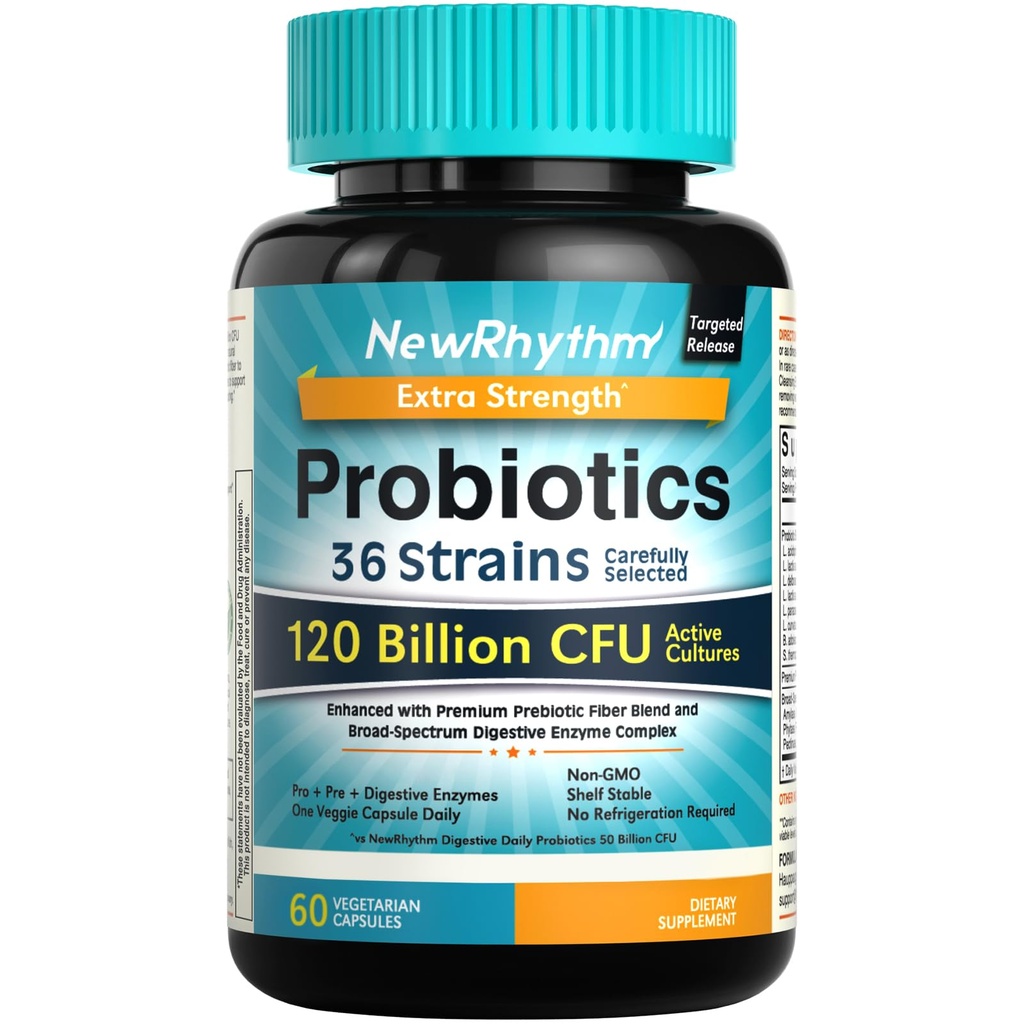 YeniRhythm Probiyotiks 120 Milyar CFU 36 Strains, 3in-1 Digestive Health & Immune Support with Prebiyotiks & Enzymes, Probiyotikos for Women & Men, Targeted release, 60 Veggie Caps