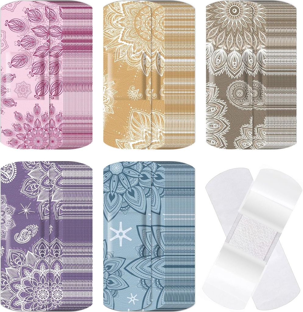 120 Adet Kumaş Desenleri Kuru Assorted Şekiller ve Desenler Küçük Renkli Pretty Fabric Bandages with Non Stick Pad 3 x 1 Perfect for Cuts Yararlı Kadınları (Mandala)