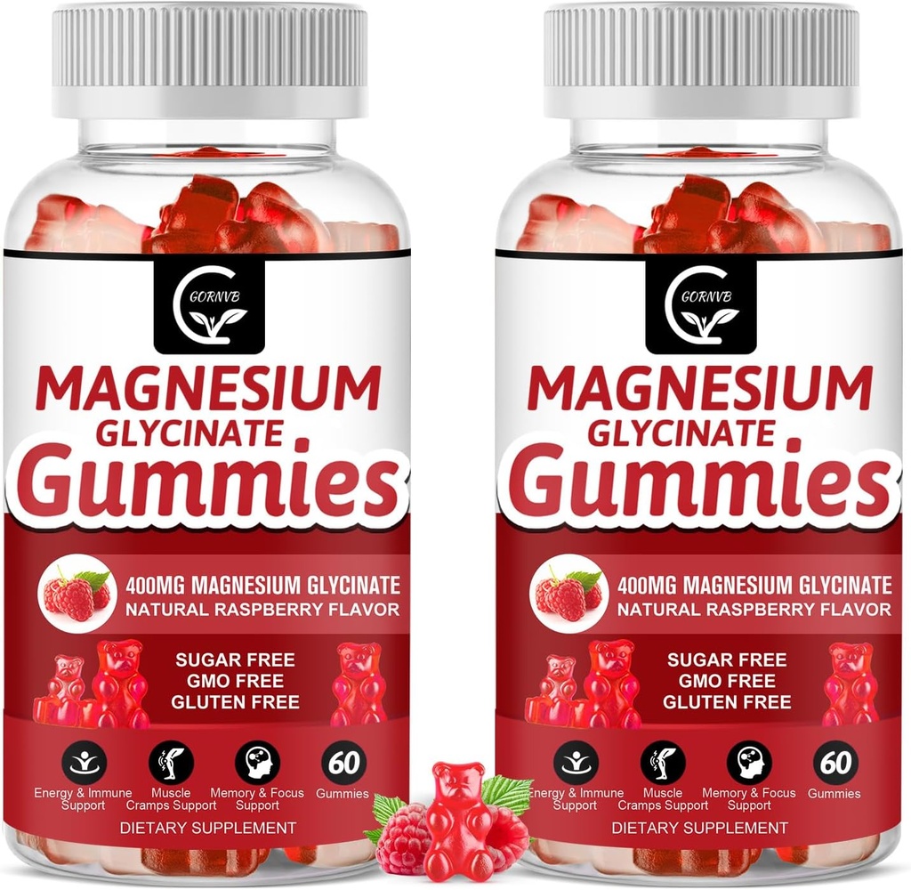 Magnezyum Glycinate Gummies 400mg, Chelated Magnezyum Malate Kompleksi, D, B6 ve CoQ10, Memory, Calm, Mood & Sleep - 60 Count (Pack of 2)