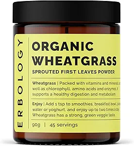 Erbology Organic Wheatgrass Powder 3.2 oz - 45 Services - Καθαρισμός σώματος και υποστήριξη της υγείας των ορνίθων - Πλούσια σε χλωροφύλλη και σίδηρο - Με βιώσιμο τρόπο που προέρχονται στην Ευρώπη - Μικρή παρτίδα - Vegan - GMO-Free