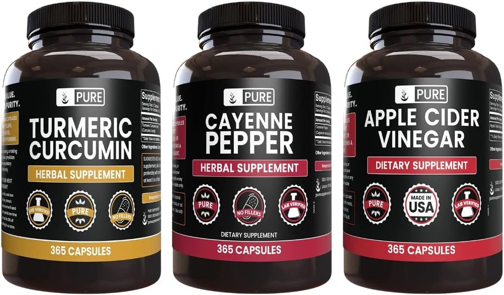PURE ORIGINAL INGREDIENTS Cayenne Pepper, Turmeric Curcumin, Apple Cider Vinegar Sche (365 Capsules)