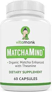 VitaMonk Matcha Κάψουλες με Theanine & Theobromine - Matcha χάπια από την Ιαπωνία με 25mg Φυσική καφεΐνη - για την ομαλή ενέργεια και εστίαση χωρίς τα Jitters - 60 ct
