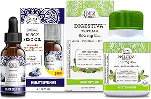 GuruNanda Black Seed Oil, Cold-Pressed Nigella Sativa - Rich in Vitamin D3 5000 Units & Digestiva Triphala (240 Tablets), Supports Digestion, Helps with Bloating