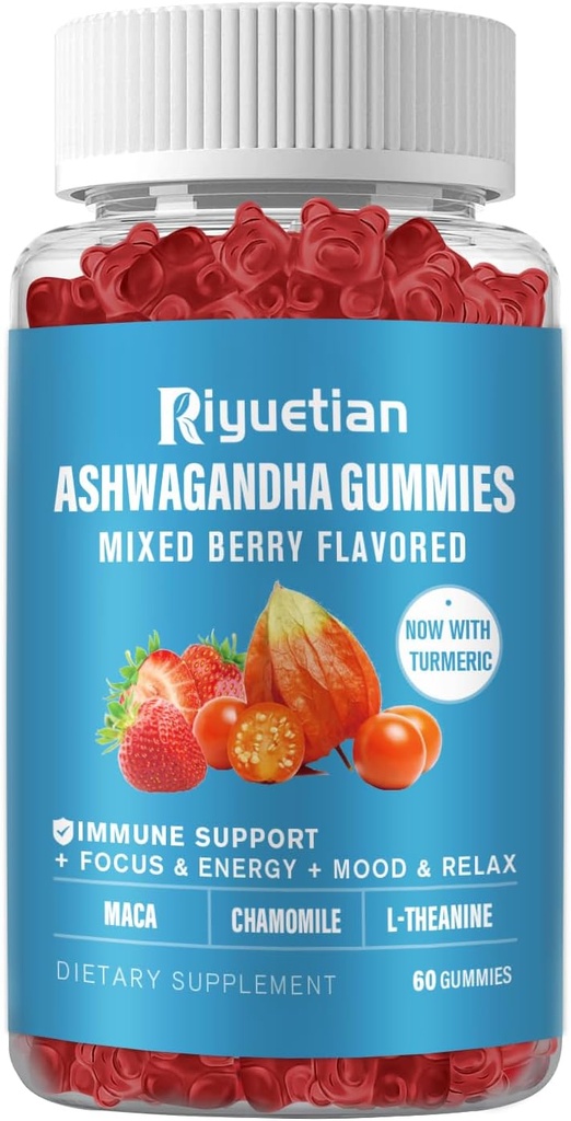 Kadın ve Erkekler için Ashwagandha Gummies - Stres Yardımı, Immune Support & Artan Enerji - Sugar Free, Vegan - Organik Ashwagandha Root Supplements Gummy- Natural Strawberry Flavor (60 Count)