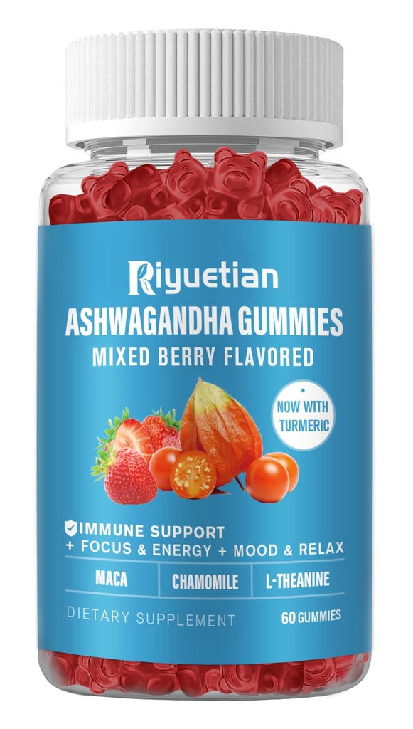 Kadın ve Erkekler için Ashwagandha Gummies - Stres Yardımı, Immune Support & Artan Enerji - Sugar Free, Vegan - Organik Ashwagandha Root Supplements Gummy- Natural Strawberry Flavor (60 Count)