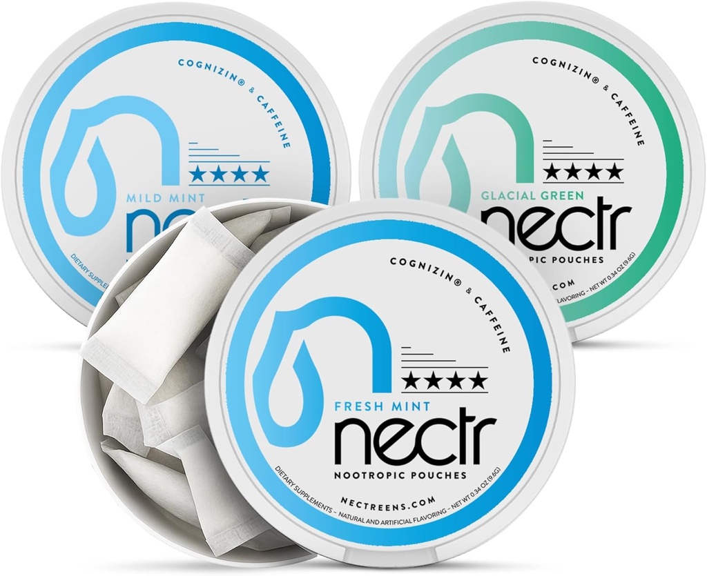 Nectr Enerji Nootropic Pouches Mint Mix - Cog Atari Citicoline ile Caffeine Pouches. 3 Flavors: Mild ve Fresh Mint ve Glacial Green. Sugar-Free, Nicotine Free Calm Focus & Energy Supplement