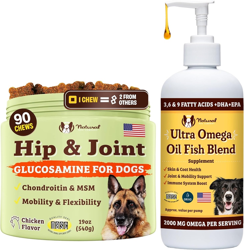 Doğal Köpek Şirketi Canine Vitality Dog Vitamins ve Supplements Sche, (1) Hip ve Ortak Chews Supplement-90, Köpekler için kosequin, (1) Ultra Omega 16 Oz Omega 3 Fish Oil for Dogs