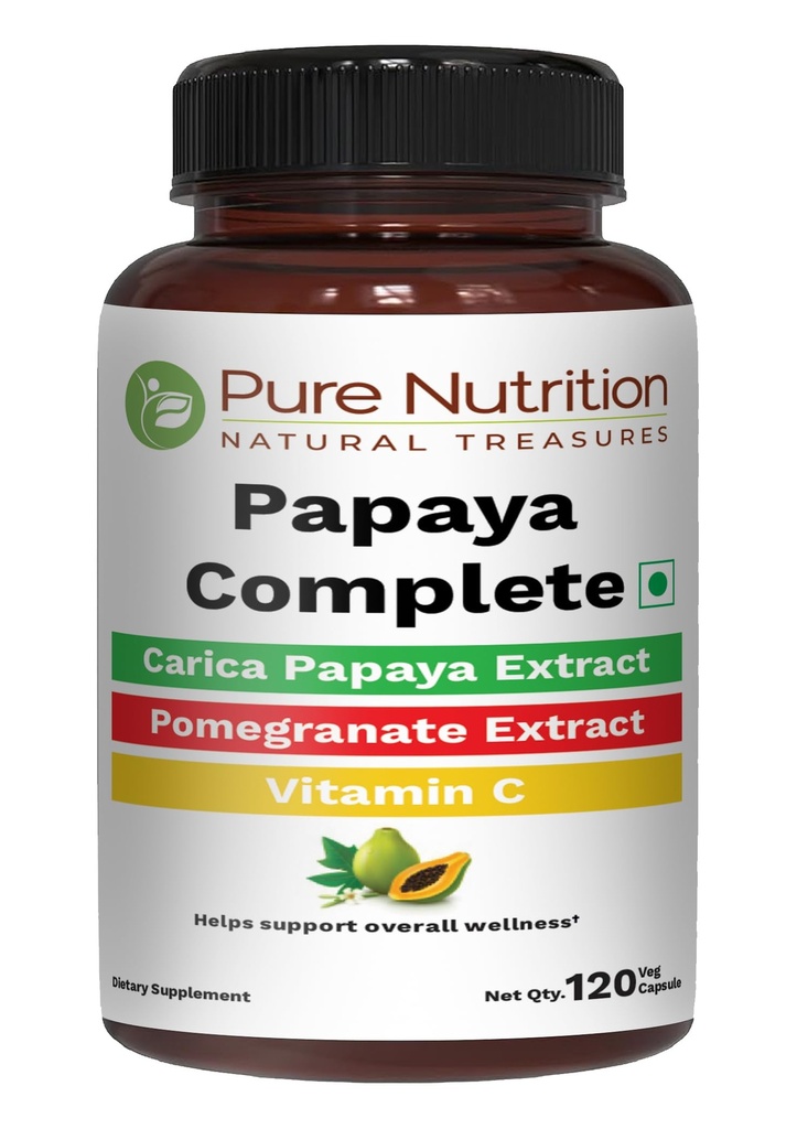 Saf Beslenme Papaya Tamam | 120 Caps | Carica Papaya Broşürü Demir, VIT C, VIT A & Folic Asit | Destekler Plalet Immunity & Digestion Non-GMO | Gluten-Free