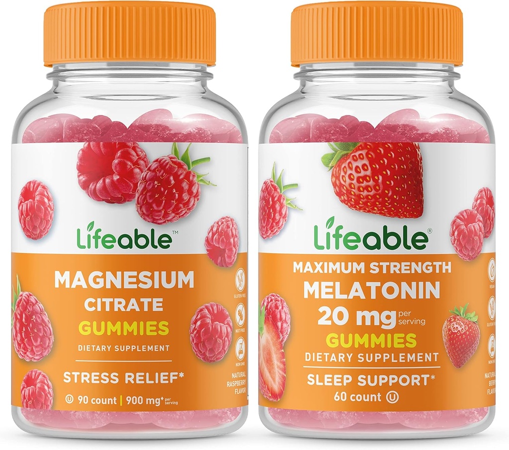 Ζωοποιήσιμο μαγνήσιο + μελατονίνη 20mg, Gummies Bundle - Μεγάλη γεύση, συμπλήρωμα βιταμίνης, χωρίς γλουτένη, χωρίς ΓΤΟ, Μασώμενα Gummy