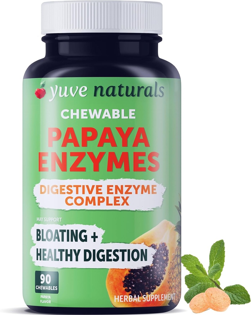 Yuve Natural Papaya Digestive Enzymes - Sugar-Free Chewable Candies - Daha İyi Digestion - Constipation & Bloating Aid, Detox, Leaky Gut Repair & Gas Relief - Vegan, Non-GMO, Gluten-Free - 90ct