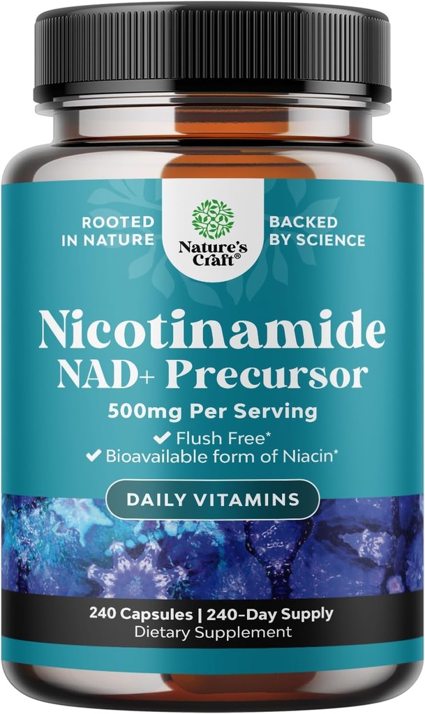 B3 Niacinamid 500 mg Capsules - Mitochondrial Energy and Potent Skin Supplement - AKA Vitamin B3 Niacin 500 mg Flush Ücretsiz ve Nicotinamid 500 mg - Flush Free Niacin Supplement - 240 Count