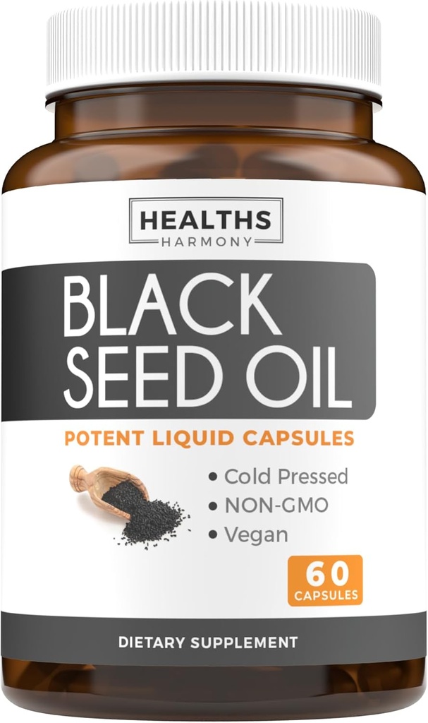 Black Seed Oil - 60 Softgel Capsules (Non-GMO & Vegan) Premium Cold-Pressed Nigella Sativa Producing Pure Black Cumin Seed Oil with Vitamin E - 500mg Each, 1000mg Per 2 Capsule Serving