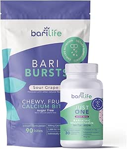 Bari Life Just One Chewable: Daily Bariatric Multivitamin + Demir ve BariBurstuba Citrate Soft Chews for Gastrik Bypass, Gastrik Kol ve Duodenal Switch (Sour Grape)