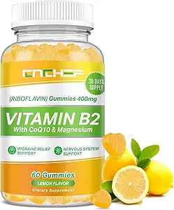 B2 Bmmies, Riboflavin 400 mg Supplement ile yetişkinler ve Çocuklar için Glycinate & CoQ10, Destek Migraine Relief & Nervous System, Boost Energy, Sugar Free Vegan B2 Gummies Lemon Flavor