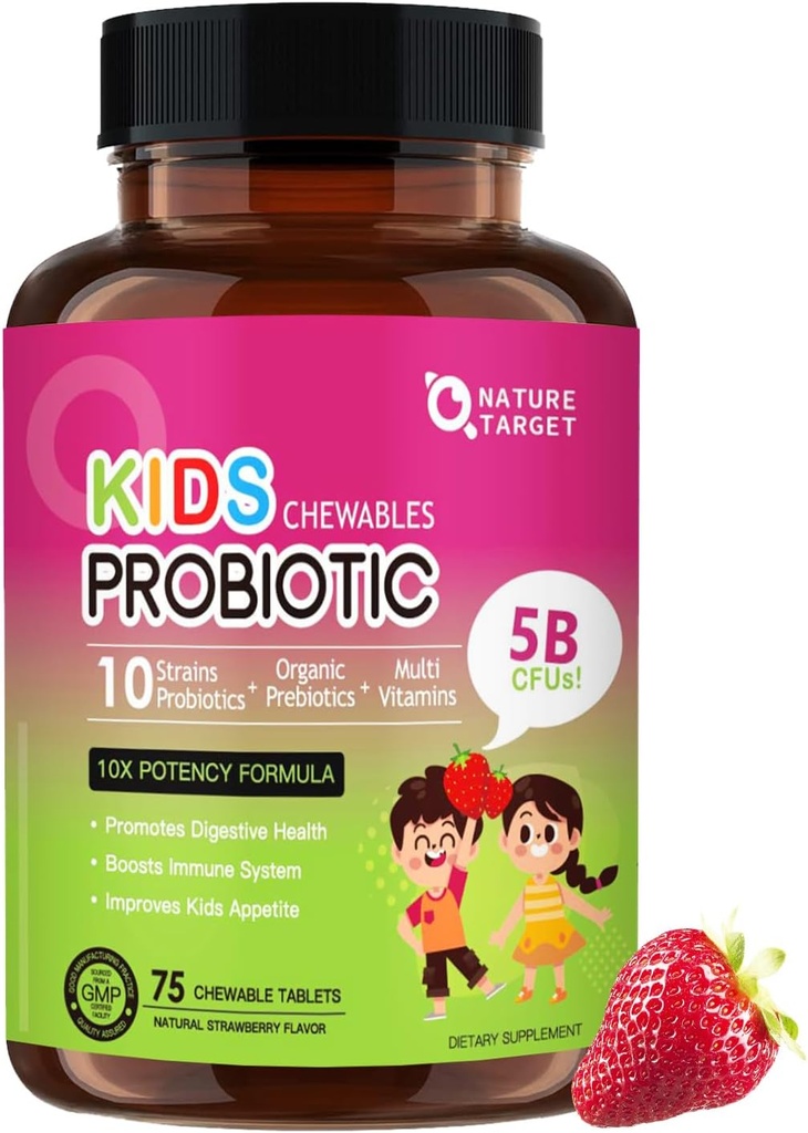 NATI TARGET Çocuklar Probiyotik Chewable, 5 Milyar CFUs Probiyotiks + Prebiyotiks for Ages 3+, Probiyotiks for Digestive Health, Immune Support & Appetitefun, Natural Strawberry Flavor, 75 Servisler