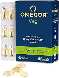 Vegan Omega 3 συμπλήρωμα OMEGOR Veg - Algae Oil Omega 3 με 250mg EPA και 125mg DHA με βιταμίνη E - Vegan Society και IFOS Certified (60 Caps)