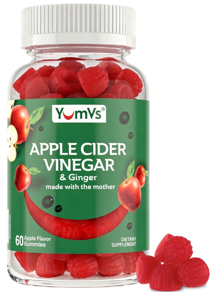 YUM-V'S Apple Cider Vinegar Gummies – ACV Gummies με Ginger & The Mother – Υποστηρίζει Μεταβολισμό, Ζωτικότητα & Καθημερινή Ευεξία – Φυσικό Apple Flavor Vegan, μη-GMO, Χωρίς γλουτένη, Μηλίτης Gummy – 60 Count