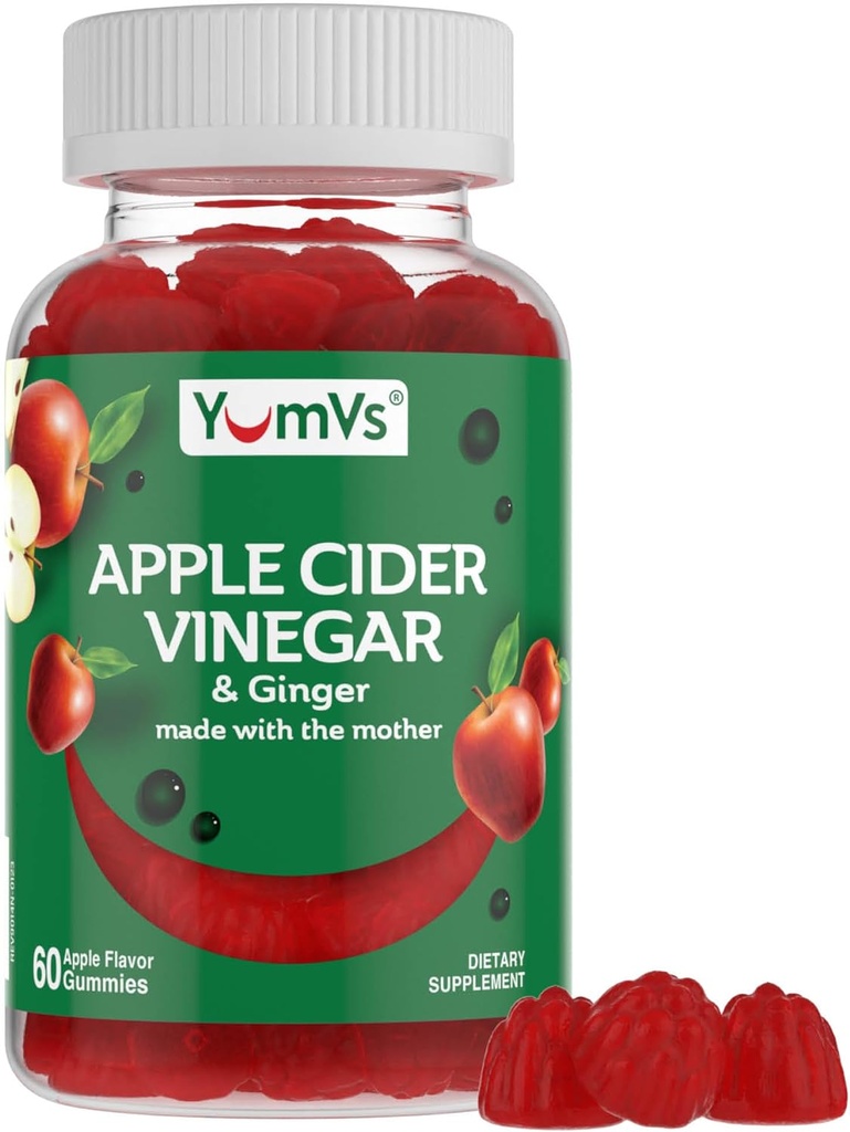 YUM-V'S Apple Cider Vinegar Gummies – ACV Gummies with Ginger & The Mother – Supports Metabolism, Vitality & Daily Wellness – Natural Apple Flavor Vegan, Non-GMO, Gluten-Free, Cider Gummy – 60