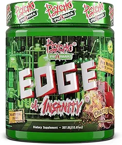 Psycho Pharma Strongest High Stim Preworkout Powder - Edge of Insanity - Most Intense Pre Workout Supplement for Pumps, Strength, Energy and Feel Good Focus. Αντίπαλα Διάσημα PWO του παρελθόντος