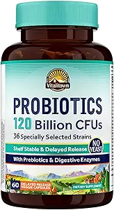 Vitalitown Probiyotiks 120 Milyar CFUs | 36 Strains, Prebiyotiks & Digestive Enzymes | Raf Stable | Digestive Health & Immune Support | Vegan, Non-GMO | Pack of 1 | 60 Gecikmiş Yayın Veg Caps