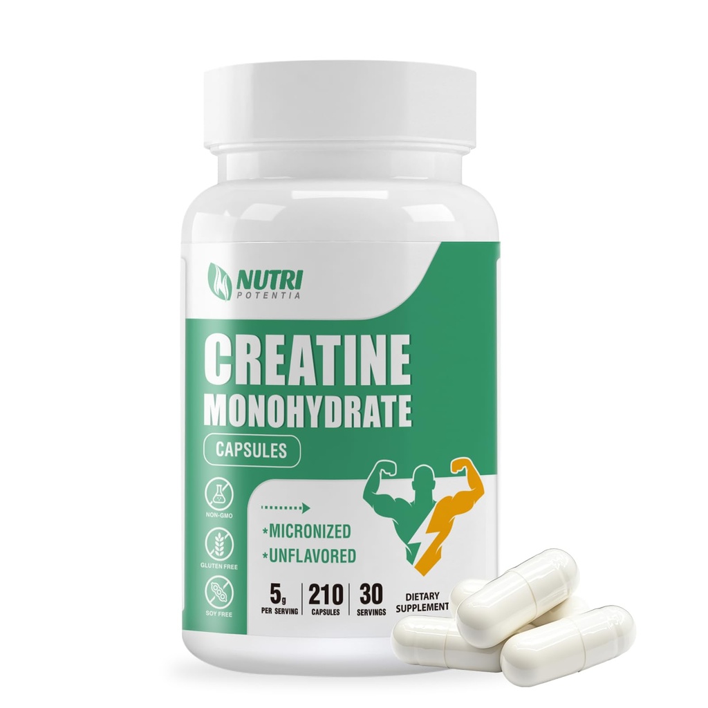 Kretine Monohidrat Capsules, Gelişmiş Çalışma ve Kas Büyüme için Saftine Pills Micronized, Easy Abors, Non-GMO, Unflavored - 210 Capsules