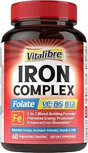 Iron Supplement for Women & Men, with Vitamins C, B6, B12 & Folate for Iron Deficiency, Blood Building & Energy Support, Stomach Friendly, Better Absorption, Non-GMO, No Gluten, 30 Vegan Caps
