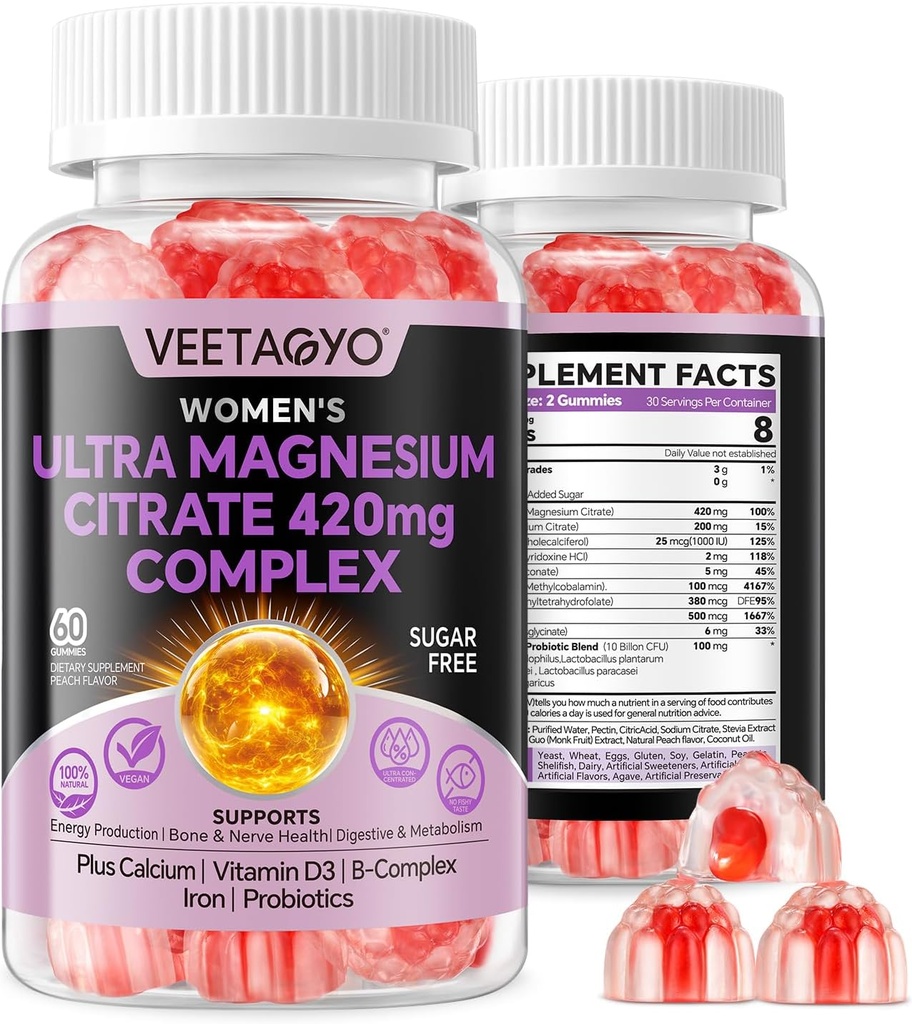 Μαγνήσιο Citrate Gummies 420mg για ενήλικες - Διπλή Στρώση - w/10 Δισεκατομμύρια CFU - 5 Strains Probiotics & Calcium, D3, Biotin, Iron, B6, B12, Folate, Υποστήριξη για τα οστά, Νεύρο, Χαλάρωση, Μύες - Vegan 60Cts