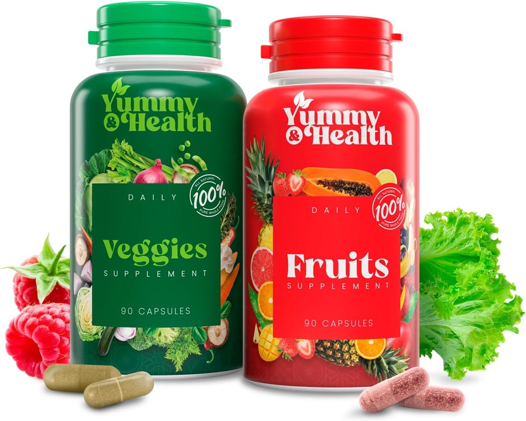 Yummy & Health Fruits & Veggies Capsules - 33+ Meyve ve Sebzelerden Tüm Superfoodlar | 90 Meyve + 90 Veggie Capsules | Vegan, Non-GMO, Gluten-Free | Plant-Based Nutrients & Fiber