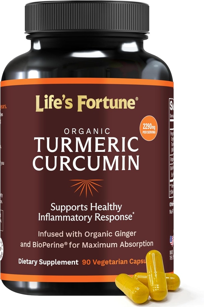 Life's Fortune Organic Turmeric Curcumin with Black Pepper and Ginger, Gelişmiş Aborpsiyon, Ekstra Güçlü Tamam, Ortak & Immune Support, Non-GMO, 90 Cap - 2250 mg