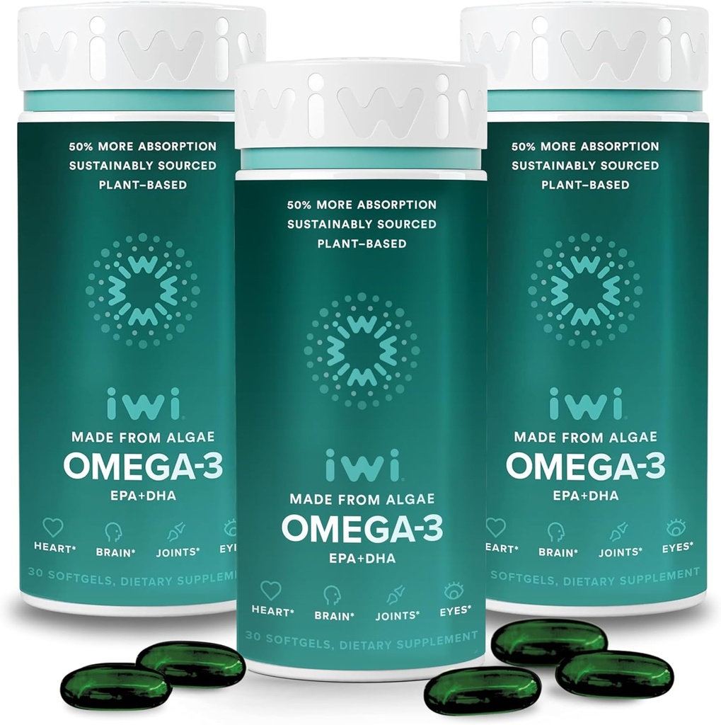 Iwi Omega-3, 90 Softgels (90 Hizmet) , Vegan Plant-Based Algae Omega 3 with EPA + DHA, Whole-Body Support Diyetary Supplement, Krill & Fish Oil Alternative, No Fishy Aftertaste