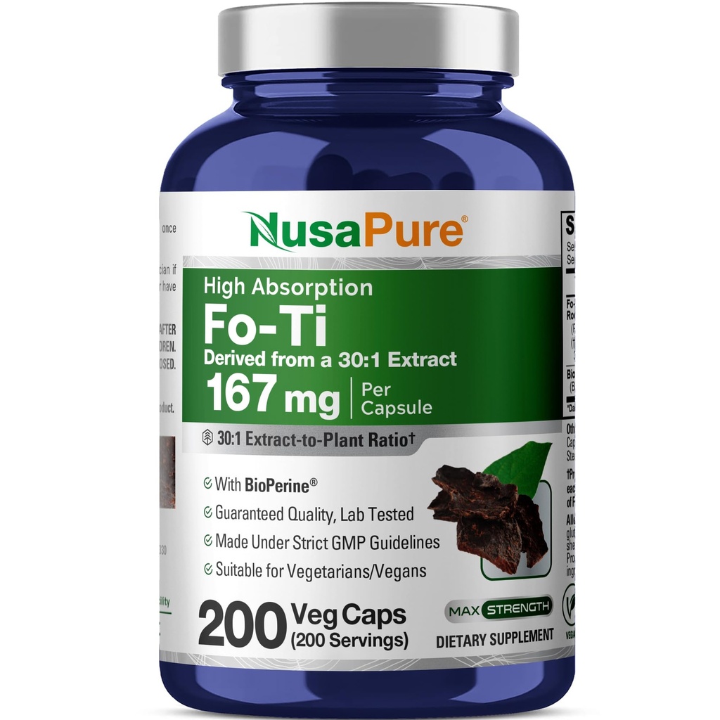 NusaPure Fo-Ti 30:1 Extract, 167 mg Ισοδύναμο με 5000mg ανά Veg Caps, 200 Count, Non-GMO, Vegan, Bioperine