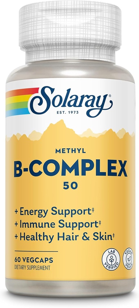 SOLARAY Me Kompleksi 50 mg - Vitamin B Kompleksi B12, B6, B1, Folic Asit, Biotin ve More - Hücre Enerji Supplements, Nerve Function Support - Vegan, 60 Günlük Garanti, 60 Hizmet