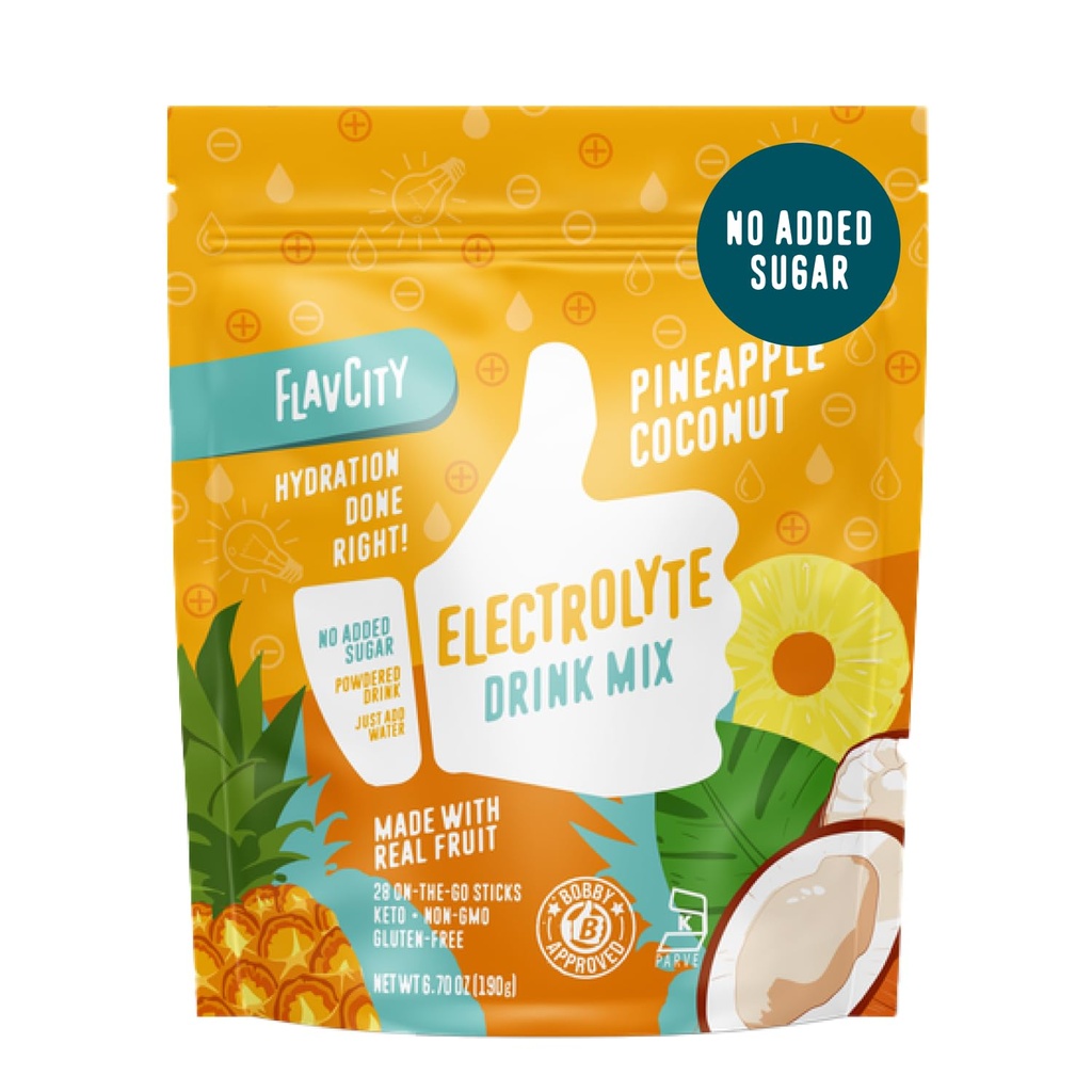 FlavCity Pineapple Coconut Electrolytes Powder Packets - 28 Hydration Packets - Όχι Προστιθέμενη Ζάχαρη - Ενυδατική Σκόνη με Αληθινό Φρούτο & Ακατέργαστο Αλάτι Θάλασσας - Keto & Gluten-Free (28 Stick Packs)