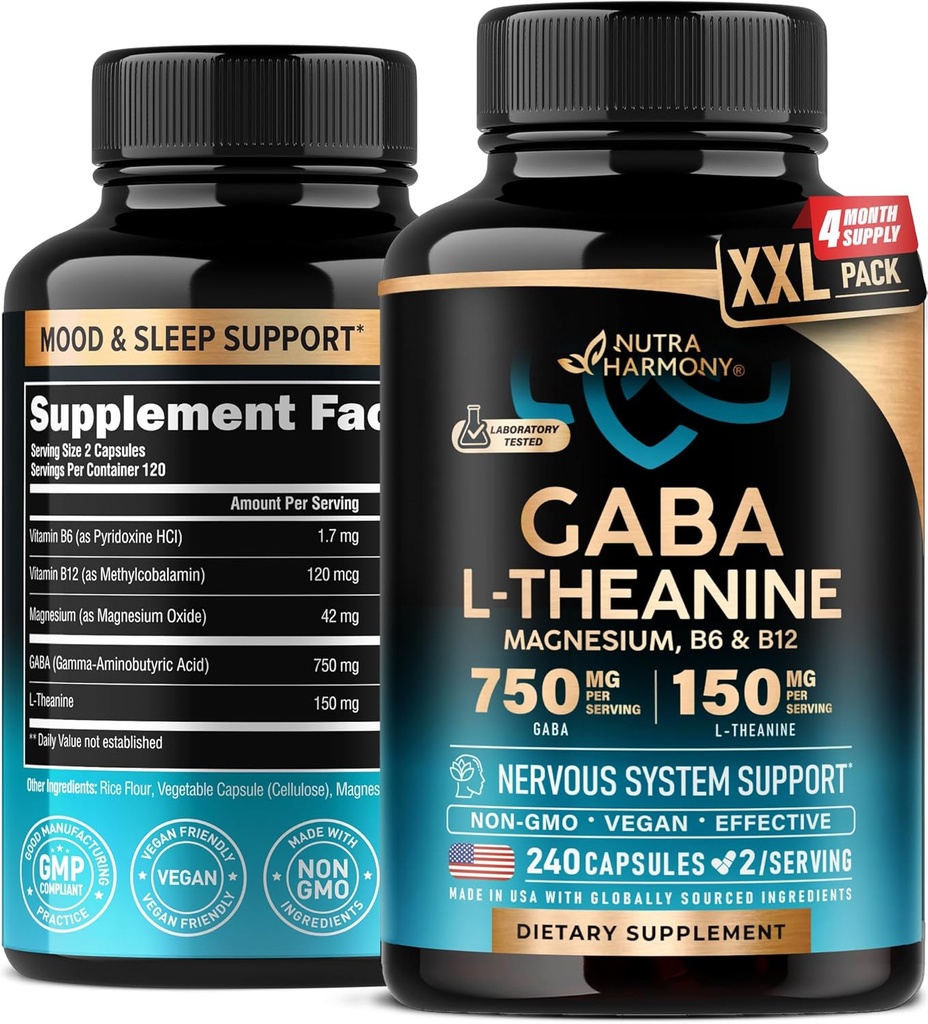 GABA L-Theanine 900 mg - Κατασκευασμένη στις ΗΠΑ - Μαγνήσιο Βιταμίνη B6 - Ηρεμία, Ύπνος, Χαλάρωση & Υποστήριξη Mood - 750 mg Gamma AminoButyric Acid, 150 mg L-Theanine - Μη-Habit Forming, Vegan - 240 Κάψουλες