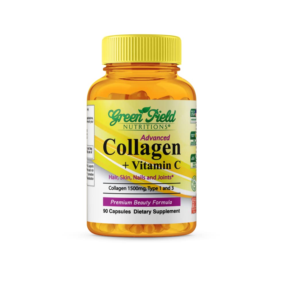 Greenfield Διατροφές - Halal Collagen Peptides 1500 mg τύπου I & III, με βιταμίνη C 300 mg για Καλύτερη Απορρόφηση, Halal Anti-Age Formula for Hair Skin Nails & Joints, Halal Vitamins 90 Κάψουλες