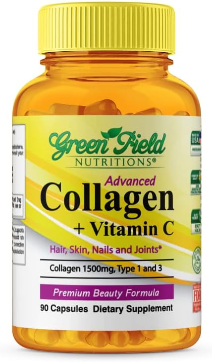 Greenfield Beslenmeleri - Halal Collagen, 1500 mg Tip I & III, Daha İyi Aborpsiyon için C 300 mg, Halal Anti-Age Formula Saçları ve Ortaklar için, Halal Vitaminleri 90 Capsules