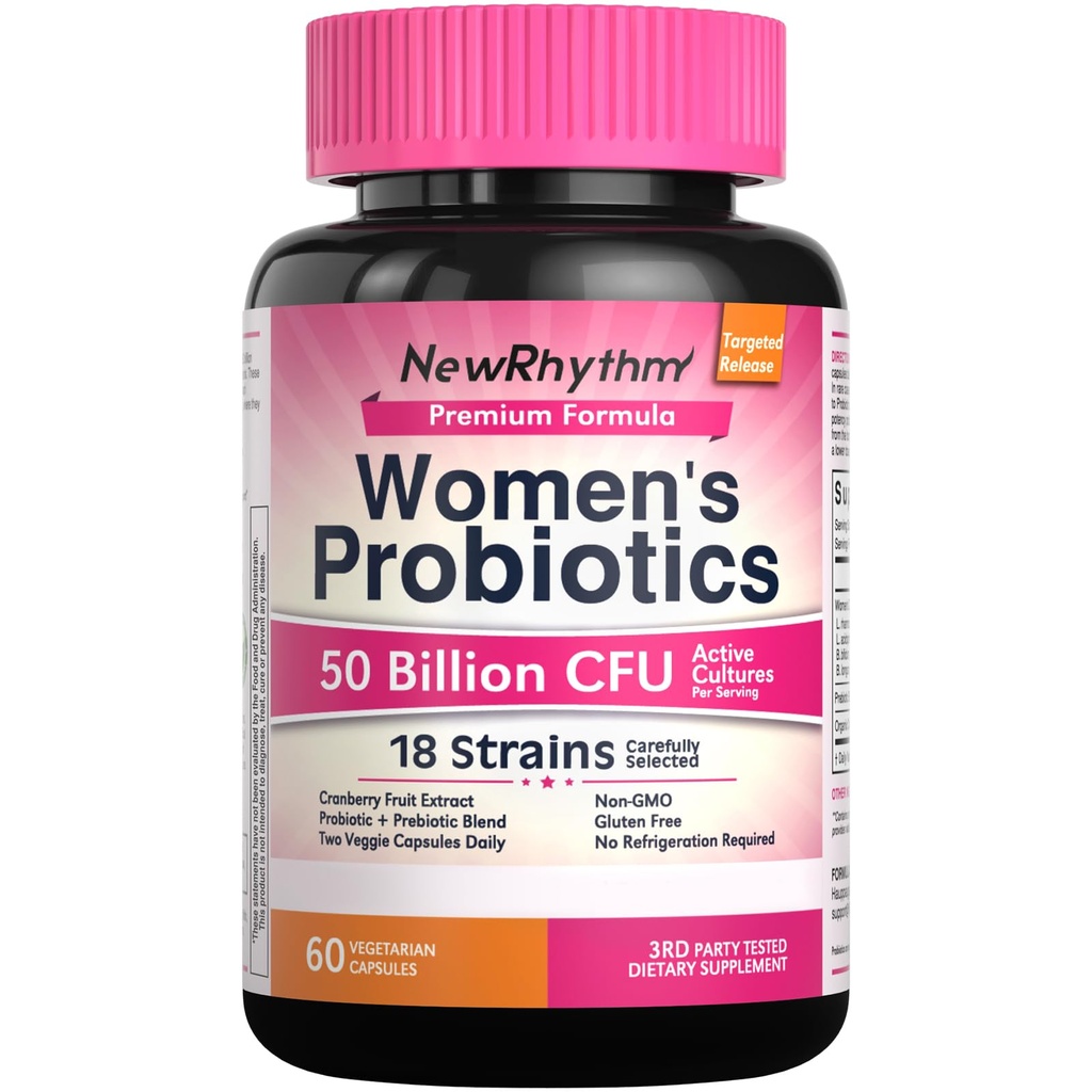 YeniRhythm Women's Probiyotiks, Organic Cranberry for Women's Vaginal Health, 50 Milyar CFU 18 Strains, Probiyotiks and Prebiyotiks, Support Digestive Health, 60 Vegan Capsules