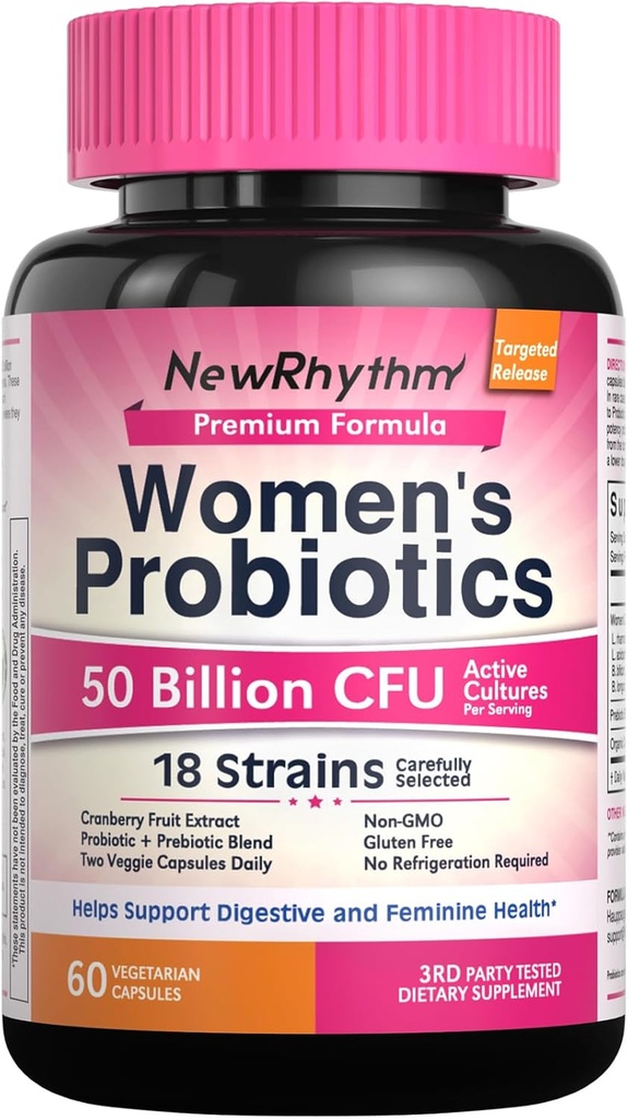 YeniRhythm Women's Probiyotiks, Organic Cranberry for Women's Vaginal Health, 50 Milyar CFU 18 Strains, Probiyotiks and Prebiyotiks, Support Digestive Health, 60 Vegan Capsules