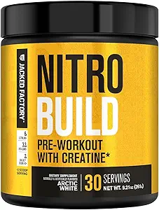 Jacked Factory Nitrosurge Build Pre Workout with Creatine for Muscle Building - Con Cret Creatine Powder & elevATP for Intense Energy, Powerful Pumps, & Endless Endurance - 30 Servings, Arctic White