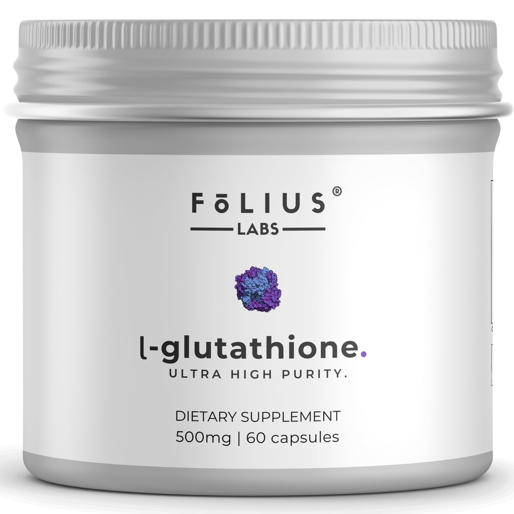 FOLIUS LABS Ultra High Strength L-Glutathione 98% Supplement for Glowing Skin - Collagen Supplements for Women and Men - 500mg Concentrated Formula, Reduced L-Glutathione Supplement - 60 Capsules