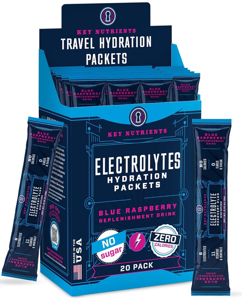 KEY NUTRIENTS Elektrolytes Toz Paketleri 20 Pack - No Sugar, Delicious Blue Raspberry, Hydration Packets with Electrolyte Toz Mixets - Zero Calories