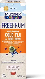 Mucinex Παιδικό Υγρό - FreeFrom Multi-Συμπτώματα Ψυχρό, Γρίπη & Πόνο Λαρύγγι 4oz