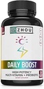 Zhou Daily Boost - Προβιοτική πολυβιταμίνη για γυναίκες & άνδρες, Ανοσολογική Υποστήριξη, Αντιοξειδωτικό & Συμπλήρωμα για την υγεία των ματιών με βιταμίνη Α, Βιταμίνη C, Βιοτίνη & Φολικό για ενήλικες - 30 Κάψουλες Veggie