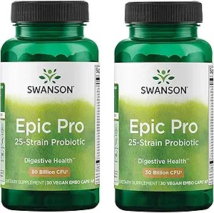 Swanson Epic-Pro 25-Strain Probiotic 30 Billion CFU Digestive Health Immune System Support Prebiotic Nutraflora FOS 30 DRcaps Veggie Capsules (Caps) (2 Pack)