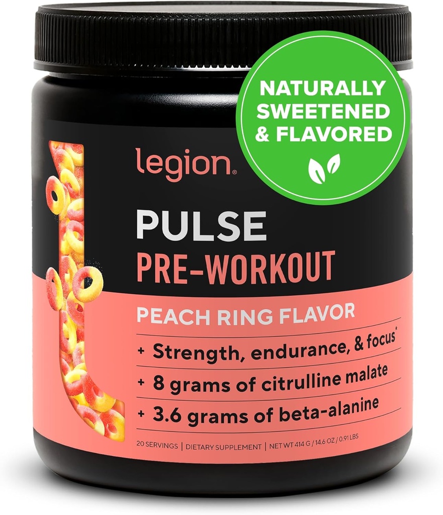 LEGION Pulse Pre Workout - All Natural Nitric Oxide Preworkout Drink to Boost Energy, Creatine Free, Naturally Sweetened, Beta Alanine, Citrulline, Alpha GPC (Peach)