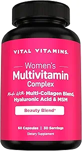 Vitals Vitamin Women's Multivitamin Kompleksi - Multi-Collagen Mix, Hyaluronic Acid, & MSM - Beauty Multivitamins - A, C, E, B6, B12, D3-60 Capsules