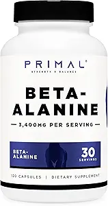 Primal Beta-Alanine Capsules 3400 mg (30 hizmet, 120 Capsules) - Tamam, Gluten-Free & Non-GMO, 850 mg Per Cap